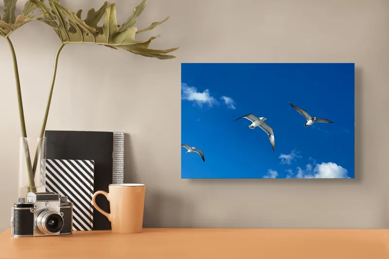 Tablou Canvas, "Zborul pescărușilor sub cerul albastru", Cer, Păsări, Zbor, Nori, Albastru, 39 x 26 cm – poza 3