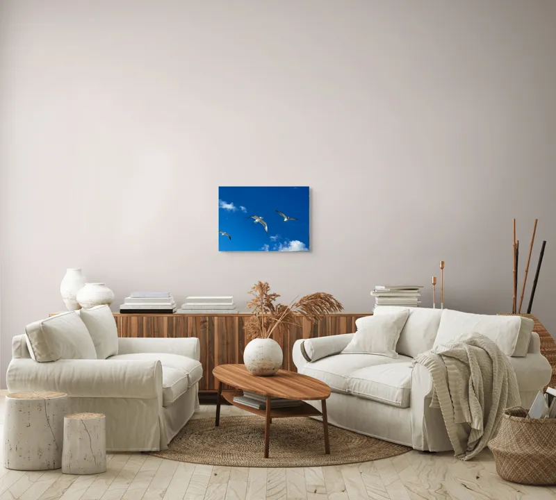 Tablou Canvas, "Zborul pescărușilor sub cerul albastru", Cer, Păsări, Zbor, Nori, Albastru, 54 x 39 cm – poza 5