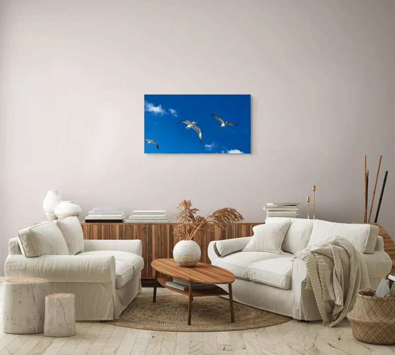 Tablou Canvas, "Zborul pescărușilor sub cerul albastru", Cer, Păsări, Zbor, Nori, Albastru, 90 x 50 cm – poza 4