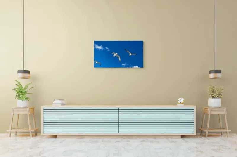 Tablou Canvas, "Zborul pescărușilor sub cerul albastru", Cer, Păsări, Zbor, Nori, Albastru, 90 x 50 cm – poza 5