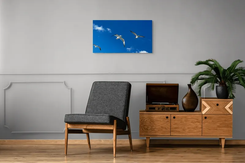 Tablou Canvas, "Zborul pescărușilor sub cerul albastru", Cer, Păsări, Zbor, Nori, Albastru, 90 x 50 cm – poza 6