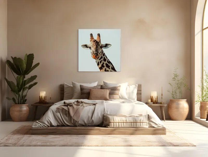 Tablou Canvas, "Giraful contemplativ sub cer senin", Giraffe, Cer, Pete, Cerulean, Grație, Faună, Eleganță, 100 x 100 cm – poza 4