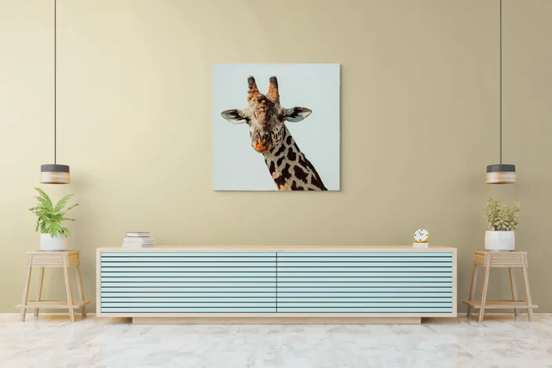 Tablou Canvas, "Giraful contemplativ sub cer senin", Giraffe, Cer, Pete, Cerulean, Grație, Faună, Eleganță, 100 x 100 cm – poza 5