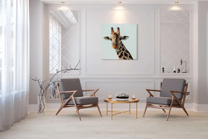 Tablou Canvas, "Giraful contemplativ sub cer senin", Giraffe, Cer, Pete, Cerulean, Grație, Faună, Eleganță, 100 x 100 cm – poza 7