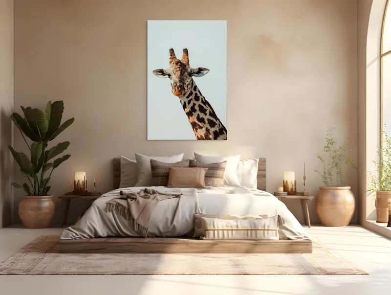 Tablou Canvas, "Giraful contemplativ sub cer senin", Giraffe, Cer, Pete, Cerulean, Grație, Faună, Eleganță, 100 x 150 cm – poza 3