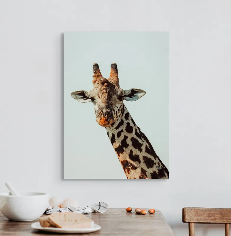 Tablou Canvas, "Giraful contemplativ sub cer senin", Giraffe, Cer, Pete, Cerulean, Grație, Faună, Eleganță, 50 x 70 cm – poza 3