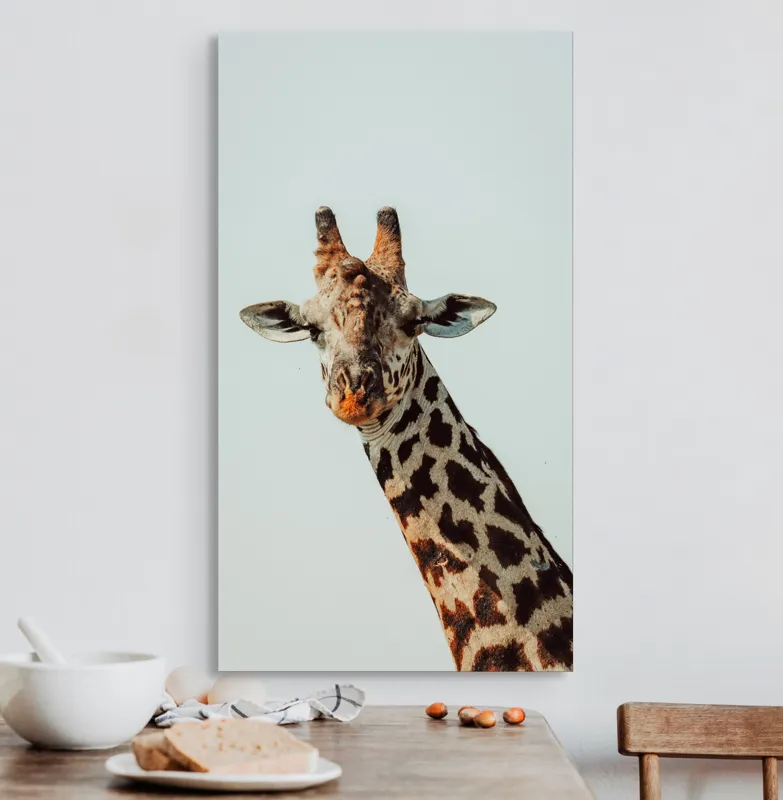 Tablou Canvas, "Giraful contemplativ sub cer senin", Giraffe, Cer, Pete, Cerulean, Grație, Faună, Eleganță, 50 x 90 cm – poza 3