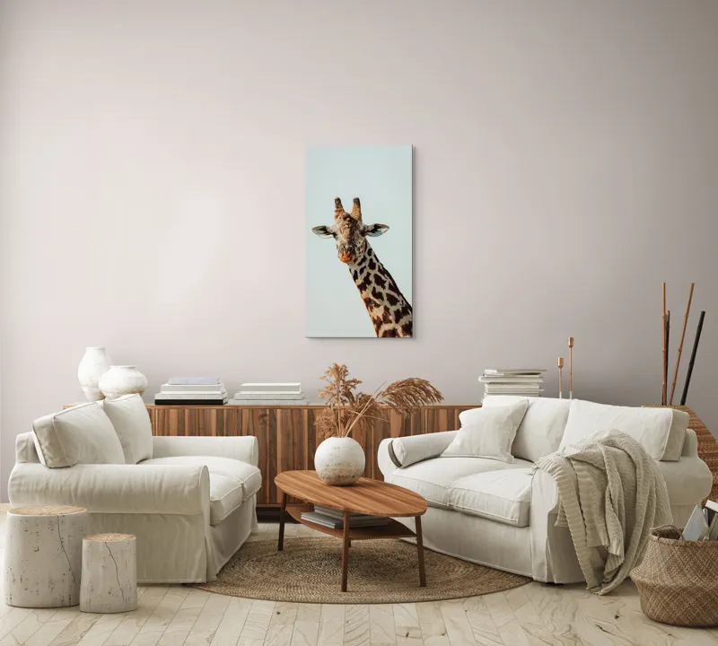 Tablou Canvas, "Giraful contemplativ sub cer senin", Giraffe, Cer, Pete, Cerulean, Grație, Faună, Eleganță, 50 x 90 cm – poza 7