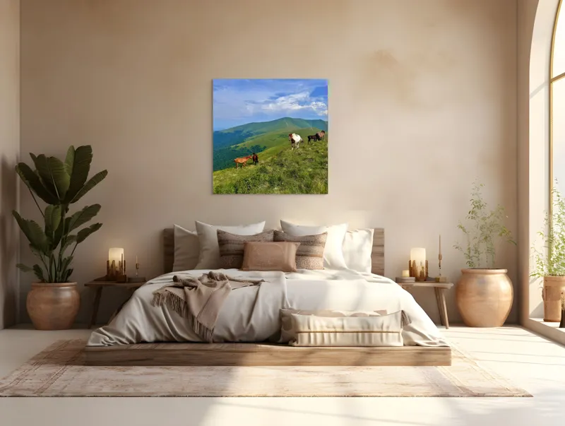 Tablou Canvas, "Cai în peisaj montan verde intens", Scenă, Munți, Cai, Pajiște, Verde, Cer, Nori, Natură, Libertate, Peisaj, 100 x 100 cm – poza 4