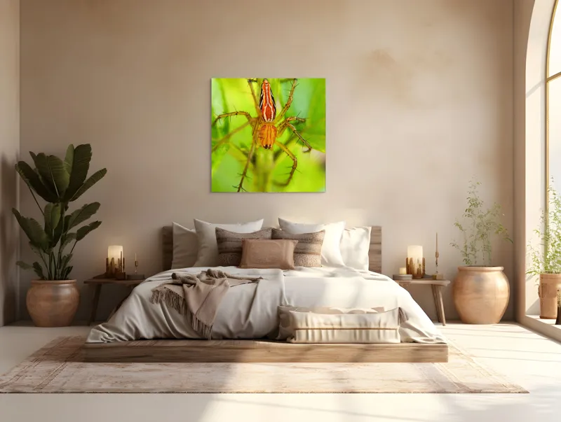 Tablou Canvas, "Păianjen ascuns printre frunze verzi", Păianjen, Portocaliu, Verde, Frunze, Detaliu, Fragilitate, Natură, Contrast, Delicatețe, Aderență., 100 x 100 cm – poza 4