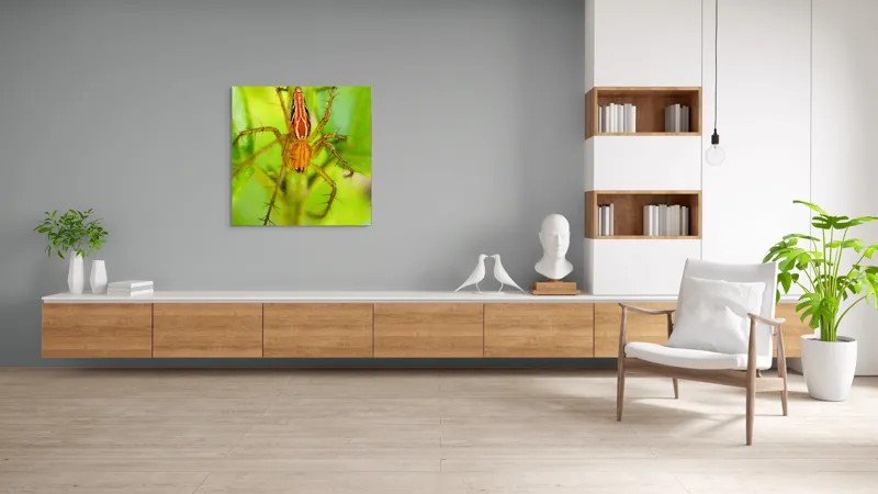 Tablou Canvas, "Păianjen ascuns printre frunze verzi", Păianjen, Portocaliu, Verde, Frunze, Detaliu, Fragilitate, Natură, Contrast, Delicatețe, Aderență., 100 x 100 cm – poza 8