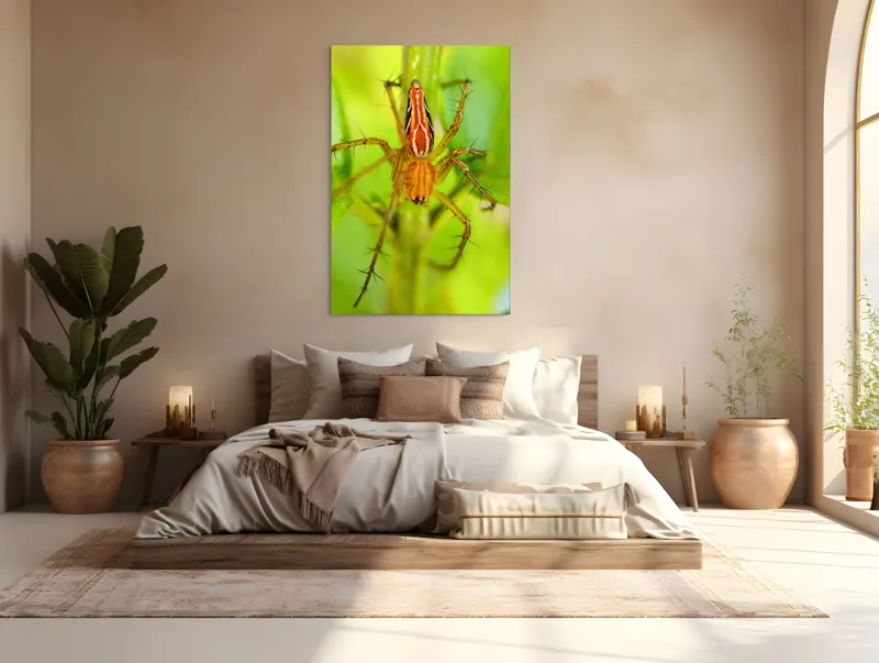 Tablou Canvas, "Păianjen ascuns printre frunze verzi", Păianjen, Portocaliu, Verde, Frunze, Detaliu, Fragilitate, Natură, Contrast, Delicatețe, Aderență., 100 x 150 cm – poza 3