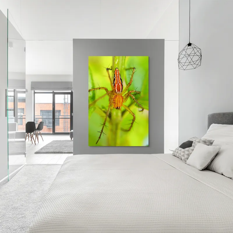 Tablou Canvas, "Păianjen ascuns printre frunze verzi", Păianjen, Portocaliu, Verde, Frunze, Detaliu, Fragilitate, Natură, Contrast, Delicatețe, Aderență., 100 x 150 cm – poza 5