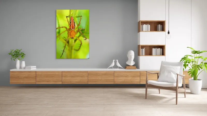 Tablou Canvas, "Păianjen ascuns printre frunze verzi", Păianjen, Portocaliu, Verde, Frunze, Detaliu, Fragilitate, Natură, Contrast, Delicatețe, Aderență., 100 x 150 cm – poza 8