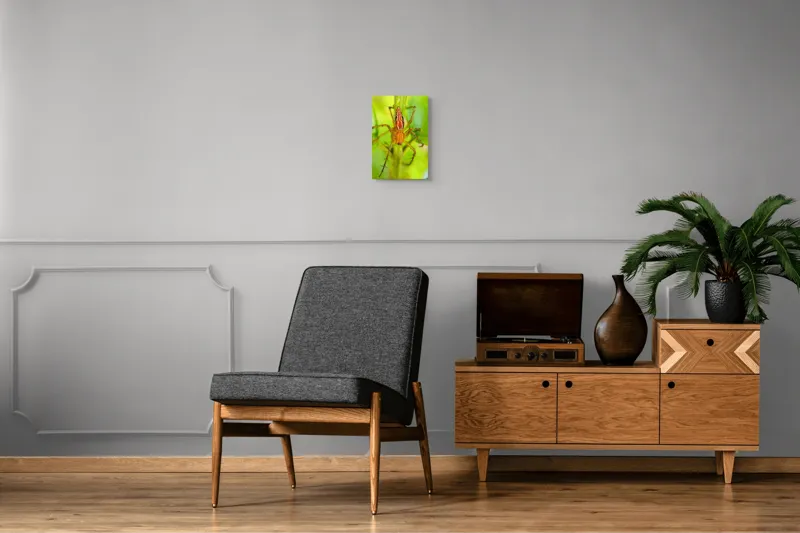 Tablou Canvas, "Păianjen ascuns printre frunze verzi", Păianjen, Portocaliu, Verde, Frunze, Detaliu, Fragilitate, Natură, Contrast, Delicatețe, Aderență., 26 x 39 cm – poza 8