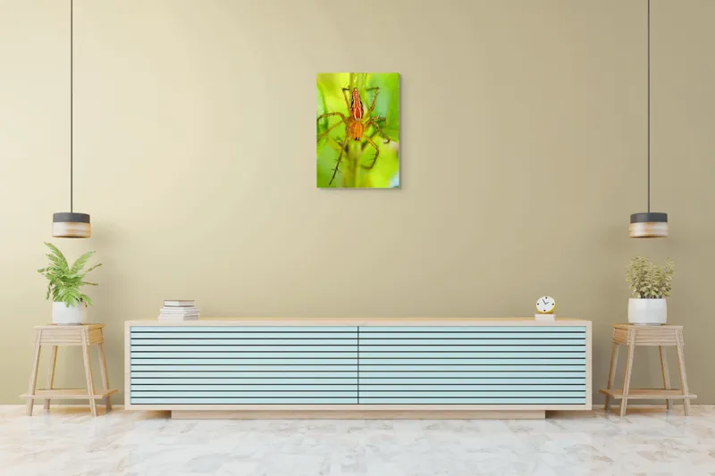 Tablou Canvas, "Păianjen ascuns printre frunze verzi", Păianjen, Portocaliu, Verde, Frunze, Detaliu, Fragilitate, Natură, Contrast, Delicatețe, Aderență., 50 x 70 cm – poza 6