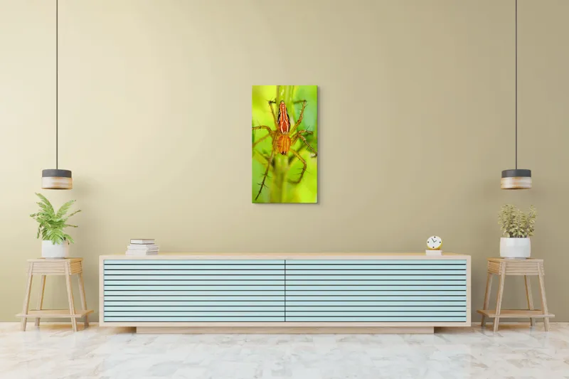 Tablou Canvas, "Păianjen ascuns printre frunze verzi", Păianjen, Portocaliu, Verde, Frunze, Detaliu, Fragilitate, Natură, Contrast, Delicatețe, Aderență., 50 x 90 cm – poza 6
