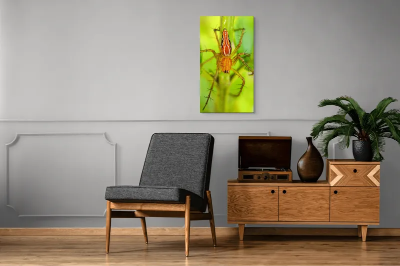 Tablou Canvas, "Păianjen ascuns printre frunze verzi", Păianjen, Portocaliu, Verde, Frunze, Detaliu, Fragilitate, Natură, Contrast, Delicatețe, Aderență., 50 x 90 cm – poza 8