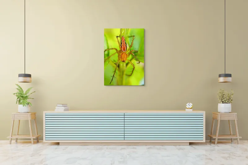 Tablou Canvas, "Păianjen ascuns printre frunze verzi", Păianjen, Portocaliu, Verde, Frunze, Detaliu, Fragilitate, Natură, Contrast, Delicatețe, Aderență., 70 x 100 cm – poza 5