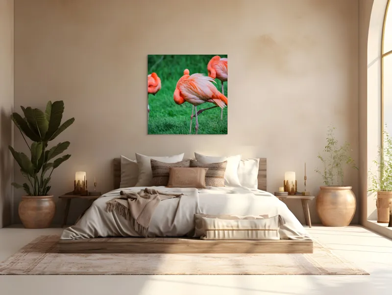 Tablou Canvas, "Flamingo roz în ținută de seară", Flamingo, Roz, Pene, Picioare, Verde, Odihnă, Grădină, Nisip, Grup, Natură, 100 x 100 cm – poza 4