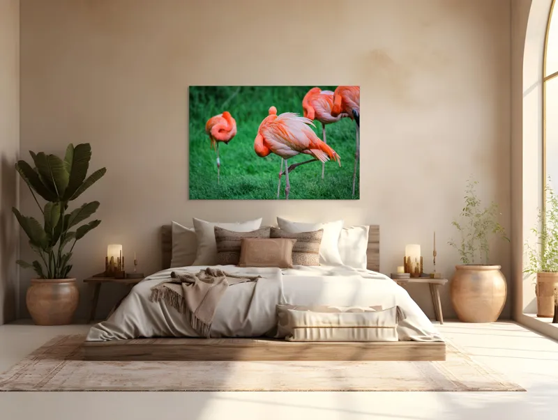 Tablou Canvas, "Flamingo roz în ținută de seară", Flamingo, Roz, Pene, Picioare, Verde, Odihnă, Grădină, Nisip, Grup, Natură, 150 x 100 cm – poza 4