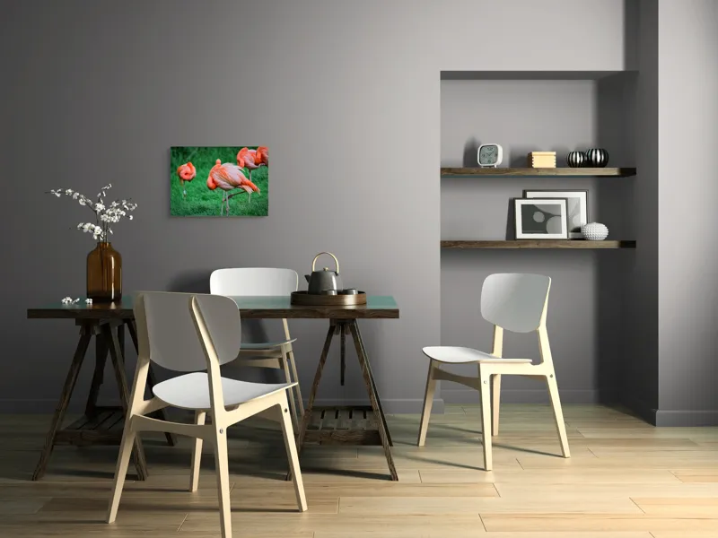 Tablou Canvas, "Flamingo roz în ținută de seară", Flamingo, Roz, Pene, Picioare, Verde, Odihnă, Grădină, Nisip, Grup, Natură, 54 x 39 cm – poza 6