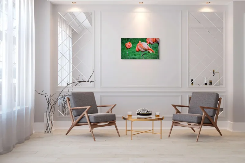 Tablou Canvas, "Flamingo roz în ținută de seară", Flamingo, Roz, Pene, Picioare, Verde, Odihnă, Grădină, Nisip, Grup, Natură, 90 x 50 cm – poza 7