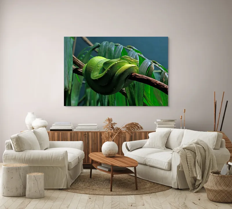 Tablou Canvas, "Șarpe verde odihnindu-se pe creangă", Șarpe, Verde, Crengi, Frunze, Savană, Mister, Reptilă, Camuflaj, 150 x 100 cm – poza 3