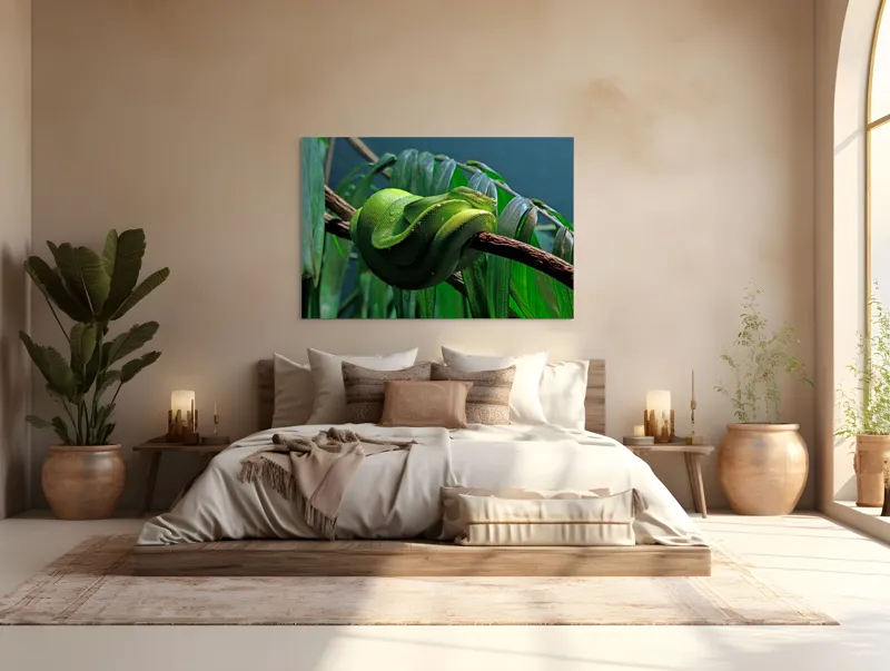 Tablou Canvas, "Șarpe verde odihnindu-se pe creangă", Șarpe, Verde, Crengi, Frunze, Savană, Mister, Reptilă, Camuflaj, 150 x 100 cm – poza 4