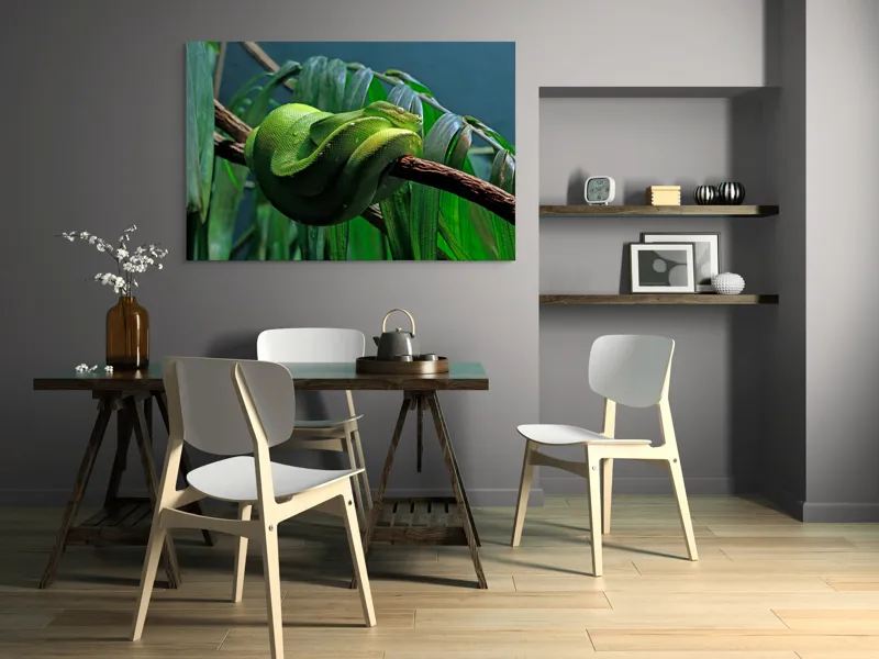 Tablou Canvas, "Șarpe verde odihnindu-se pe creangă", Șarpe, Verde, Crengi, Frunze, Savană, Mister, Reptilă, Camuflaj, 150 x 100 cm – poza 5