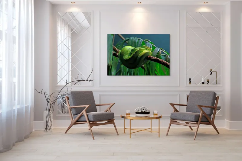 Tablou Canvas, "Șarpe verde odihnindu-se pe creangă", Șarpe, Verde, Crengi, Frunze, Savană, Mister, Reptilă, Camuflaj, 150 x 100 cm – poza 7