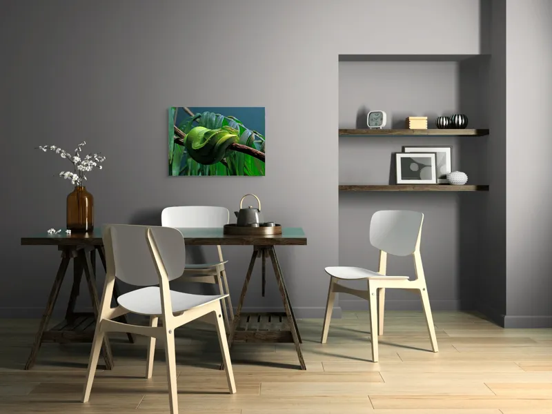 Tablou Canvas, "Șarpe verde odihnindu-se pe creangă", Șarpe, Verde, Crengi, Frunze, Savană, Mister, Reptilă, Camuflaj, 70 x 50 cm – poza 5