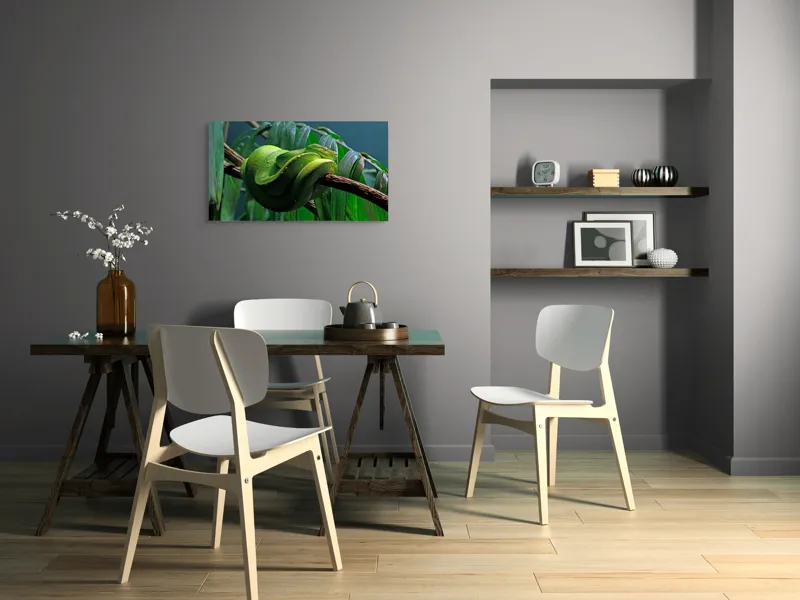 Tablou Canvas, "Șarpe verde odihnindu-se pe creangă", Șarpe, Verde, Crengi, Frunze, Savană, Mister, Reptilă, Camuflaj, 90 x 50 cm – poza 3