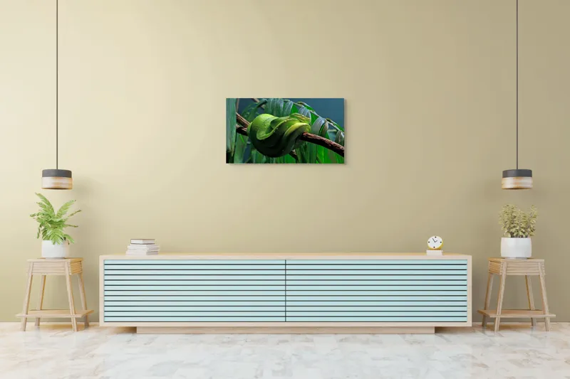 Tablou Canvas, "Șarpe verde odihnindu-se pe creangă", Șarpe, Verde, Crengi, Frunze, Savană, Mister, Reptilă, Camuflaj, 90 x 50 cm – poza 5