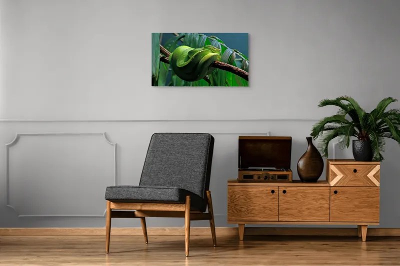 Tablou Canvas, "Șarpe verde odihnindu-se pe creangă", Șarpe, Verde, Crengi, Frunze, Savană, Mister, Reptilă, Camuflaj, 90 x 50 cm – poza 6