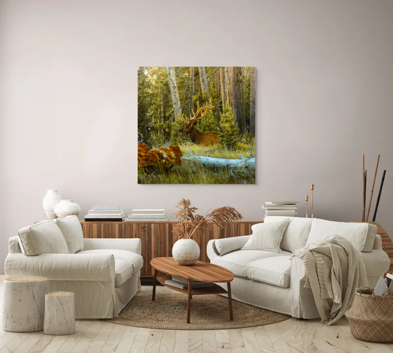 Tablou Canvas, "Elan pe Fundal de Pădure Bătrână", Pădure, Cerb, Coarne, Lumină, Copaci, Vegetație, Natură, Serenitate, 100 x 100 cm – poza 3