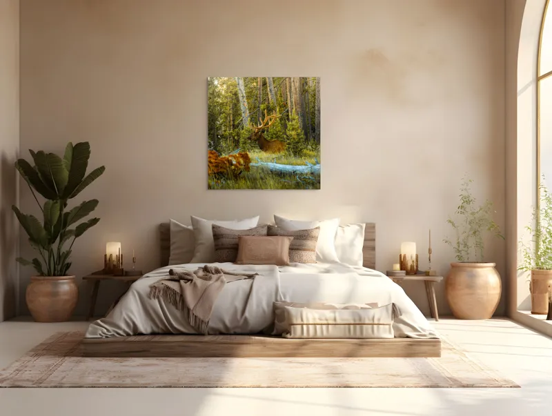Tablou Canvas, "Elan pe Fundal de Pădure Bătrână", Pădure, Cerb, Coarne, Lumină, Copaci, Vegetație, Natură, Serenitate, 100 x 100 cm – poza 4
