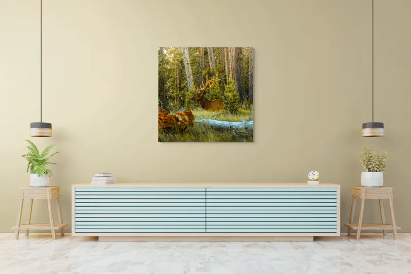 Tablou Canvas, "Elan pe Fundal de Pădure Bătrână", Pădure, Cerb, Coarne, Lumină, Copaci, Vegetație, Natură, Serenitate, 100 x 100 cm – poza 5