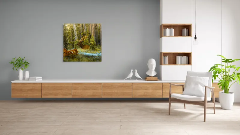 Tablou Canvas, "Elan pe Fundal de Pădure Bătrână", Pădure, Cerb, Coarne, Lumină, Copaci, Vegetație, Natură, Serenitate, 100 x 100 cm – poza 8