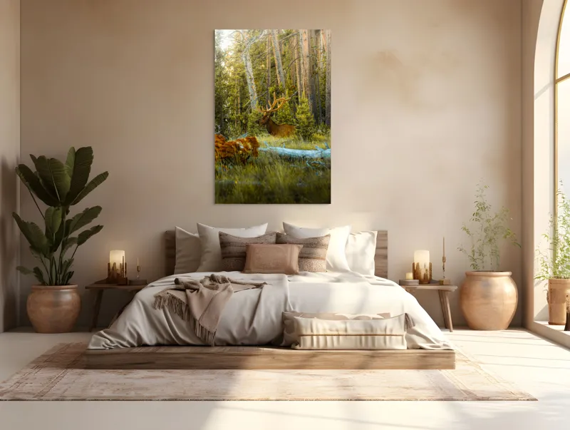 Tablou Canvas, "Elan pe Fundal de Pădure Bătrână", Pădure, Cerb, Coarne, Lumină, Copaci, Vegetație, Natură, Serenitate, 100 x 150 cm – poza 3