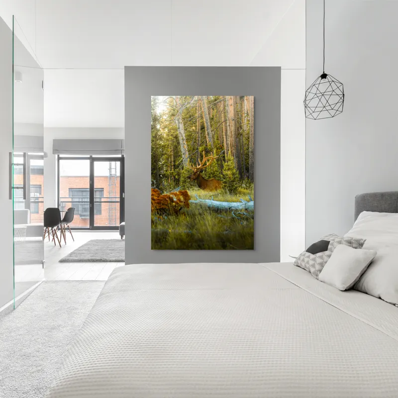 Tablou Canvas, "Elan pe Fundal de Pădure Bătrână", Pădure, Cerb, Coarne, Lumină, Copaci, Vegetație, Natură, Serenitate, 100 x 150 cm – poza 5