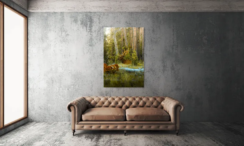 Tablou Canvas, "Elan pe Fundal de Pădure Bătrână", Pădure, Cerb, Coarne, Lumină, Copaci, Vegetație, Natură, Serenitate, 100 x 150 cm – poza 6