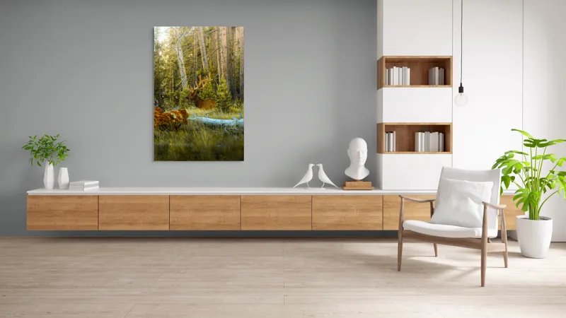 Tablou Canvas, "Elan pe Fundal de Pădure Bătrână", Pădure, Cerb, Coarne, Lumină, Copaci, Vegetație, Natură, Serenitate, 100 x 150 cm – poza 8