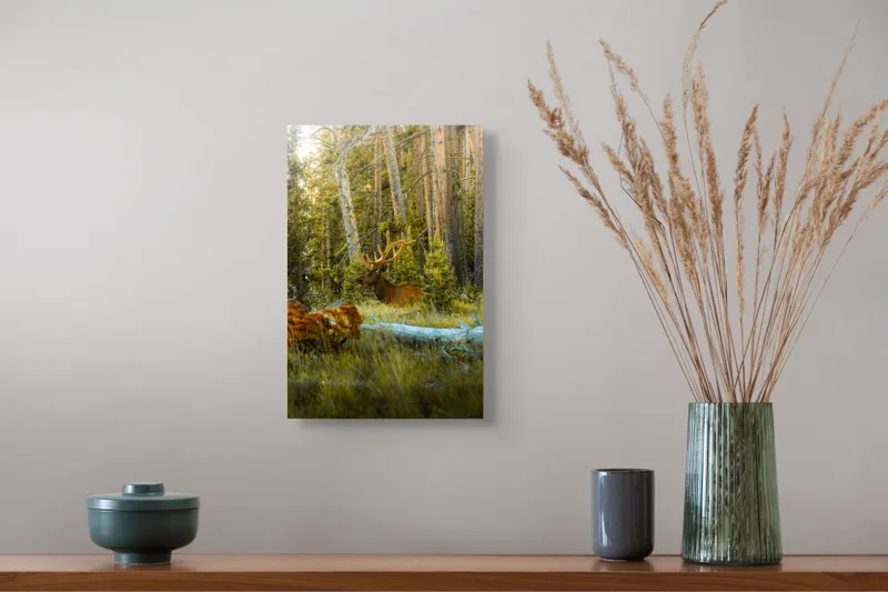 Tablou Canvas, "Elan pe Fundal de Pădure Bătrână", Pădure, Cerb, Coarne, Lumină, Copaci, Vegetație, Natură, Serenitate, 26 x 39 cm – poza 5