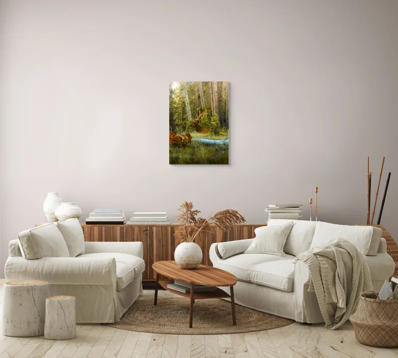 Tablou Canvas, "Elan pe Fundal de Pădure Bătrână", Pădure, Cerb, Coarne, Lumină, Copaci, Vegetație, Natură, Serenitate, 50 x 70 cm – poza 4