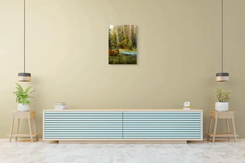 Tablou Canvas, "Elan pe Fundal de Pădure Bătrână", Pădure, Cerb, Coarne, Lumină, Copaci, Vegetație, Natură, Serenitate, 50 x 70 cm – poza 6
