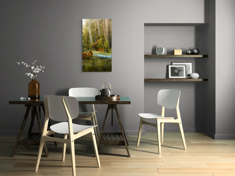 Tablou Canvas, "Elan pe Fundal de Pădure Bătrână", Pădure, Cerb, Coarne, Lumină, Copaci, Vegetație, Natură, Serenitate, 50 x 90 cm – poza 4