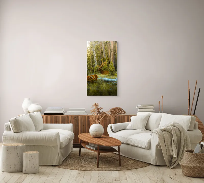 Tablou Canvas, "Elan pe Fundal de Pădure Bătrână", Pădure, Cerb, Coarne, Lumină, Copaci, Vegetație, Natură, Serenitate, 50 x 90 cm – poza 7