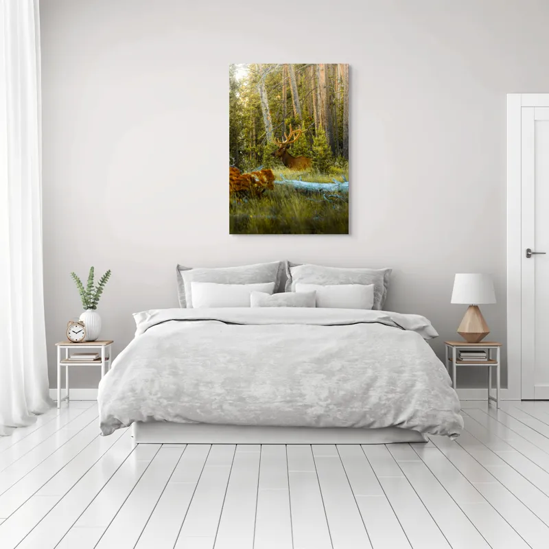 Tablou Canvas, "Elan pe Fundal de Pădure Bătrână", Pădure, Cerb, Coarne, Lumină, Copaci, Vegetație, Natură, Serenitate, 70 x 100 cm – poza 3