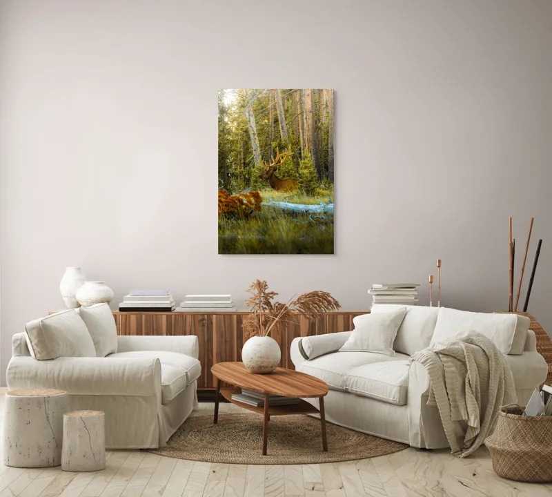 Tablou Canvas, "Elan pe Fundal de Pădure Bătrână", Pădure, Cerb, Coarne, Lumină, Copaci, Vegetație, Natură, Serenitate, 70 x 100 cm – poza 4